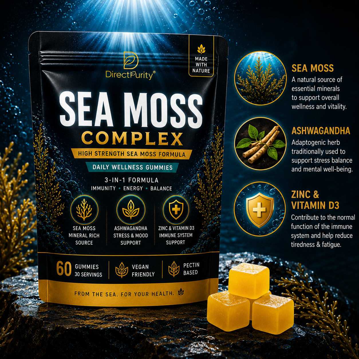Sea Moss Gummies Complex 3000mg – with Ashwagandha, Zinc & Vitamin D3 – Daily Wellness, Energy & Immune Support – Vegan, Pectin Based – 60 Gummies (30 Servings)