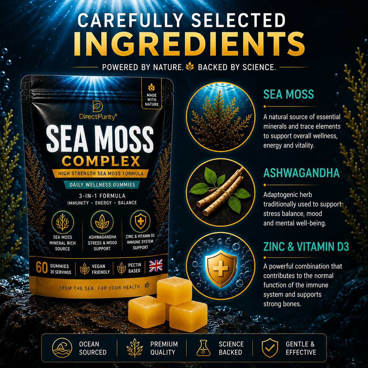Sea Moss Gummies Complex 3000mg – with Ashwagandha, Zinc & Vitamin D3 – Daily Wellness, Energy & Immune Support – Vegan, Pectin Based – 60 Gummies (30 Servings)