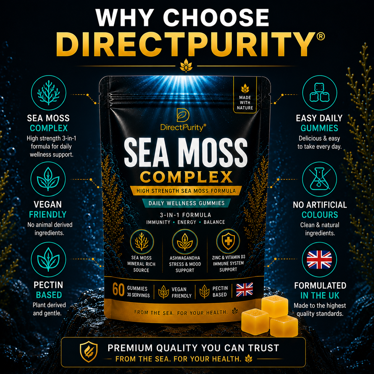 Sea Moss Gummies Complex 3000mg – with Ashwagandha, Zinc & Vitamin D3 – Daily Wellness, Energy & Immune Support – Vegan, Pectin Based – 60 Gummies (30 Servings)