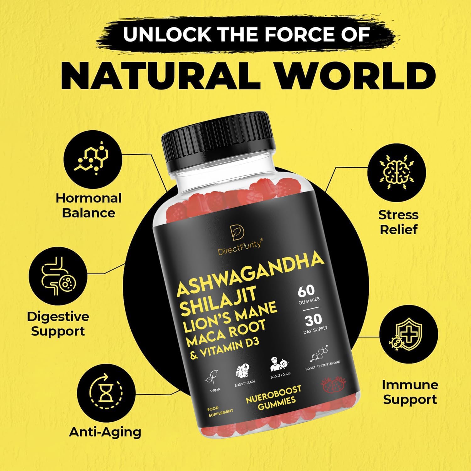 NueroBoost™ 5‑in‑1 Wellness Gummies – Ashwagandha 500 mg, Shilajit 600 mg, Lion’s Mane 600 mg, Maca Root 100 mg & Vitamin D3 20 mg – 60 Count – Stress, Focus, Energy & Immune Support