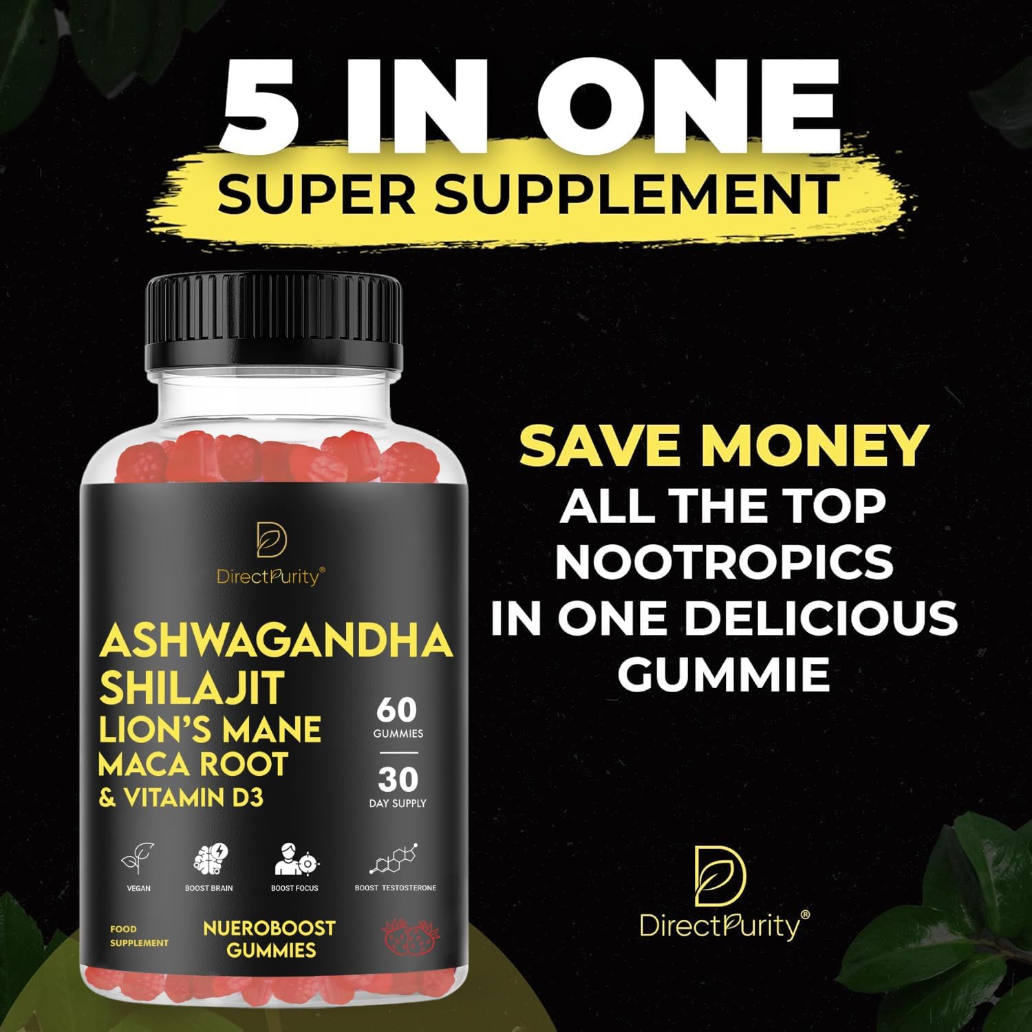 NueroBoost™ 5‑in‑1 Wellness Gummies – Ashwagandha 500 mg, Shilajit 600 mg, Lion’s Mane 600 mg, Maca Root 100 mg & Vitamin D3 20 mg – 60 Count – Stress, Focus, Energy & Immune Support