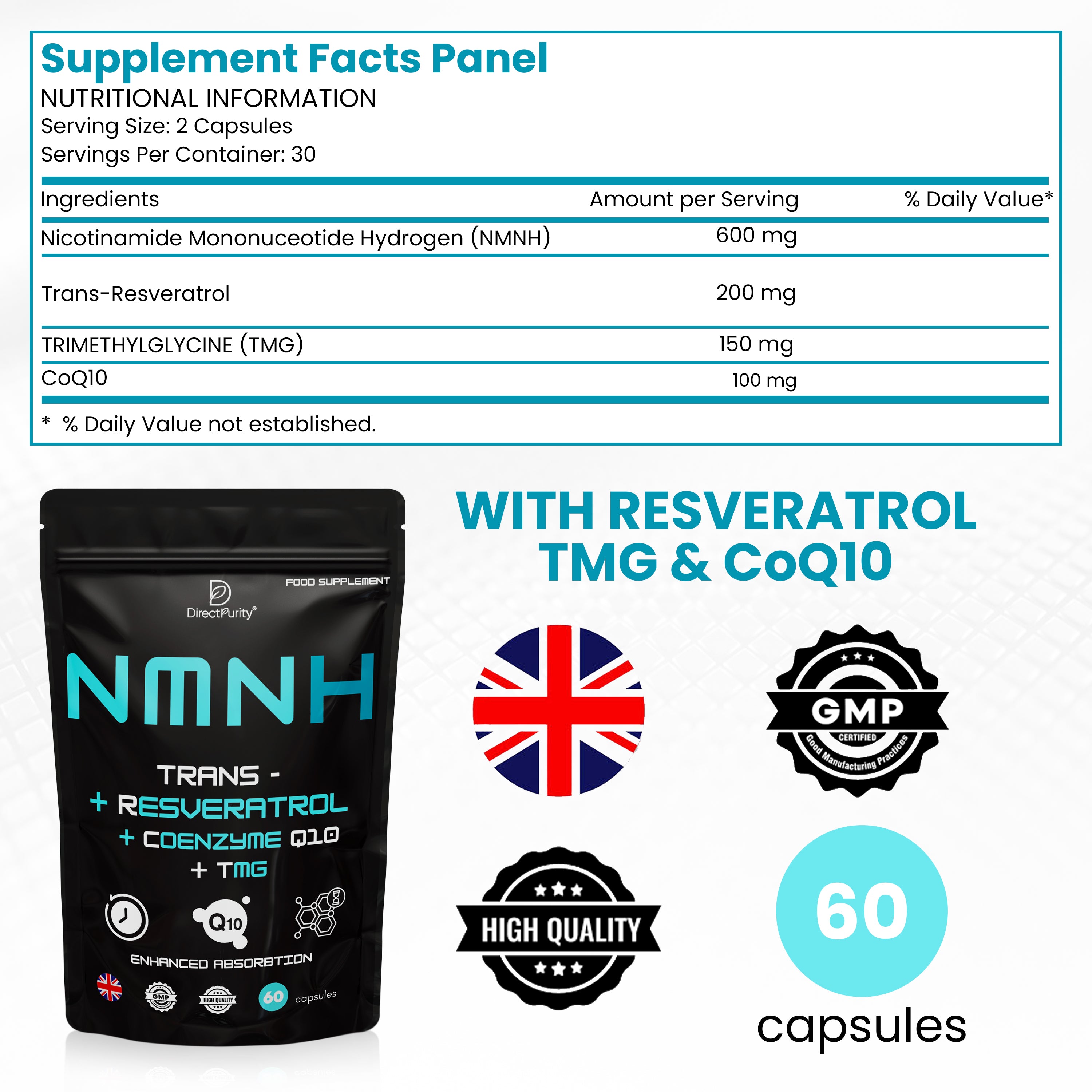NMNH Supplement 600 mg, with Trans Resveratrol, CoQ10 and TMG, NMNH and resveratrol Supplements May Support Cellular Health and Healthy Aging. Boost Vitality and Combat Aging.