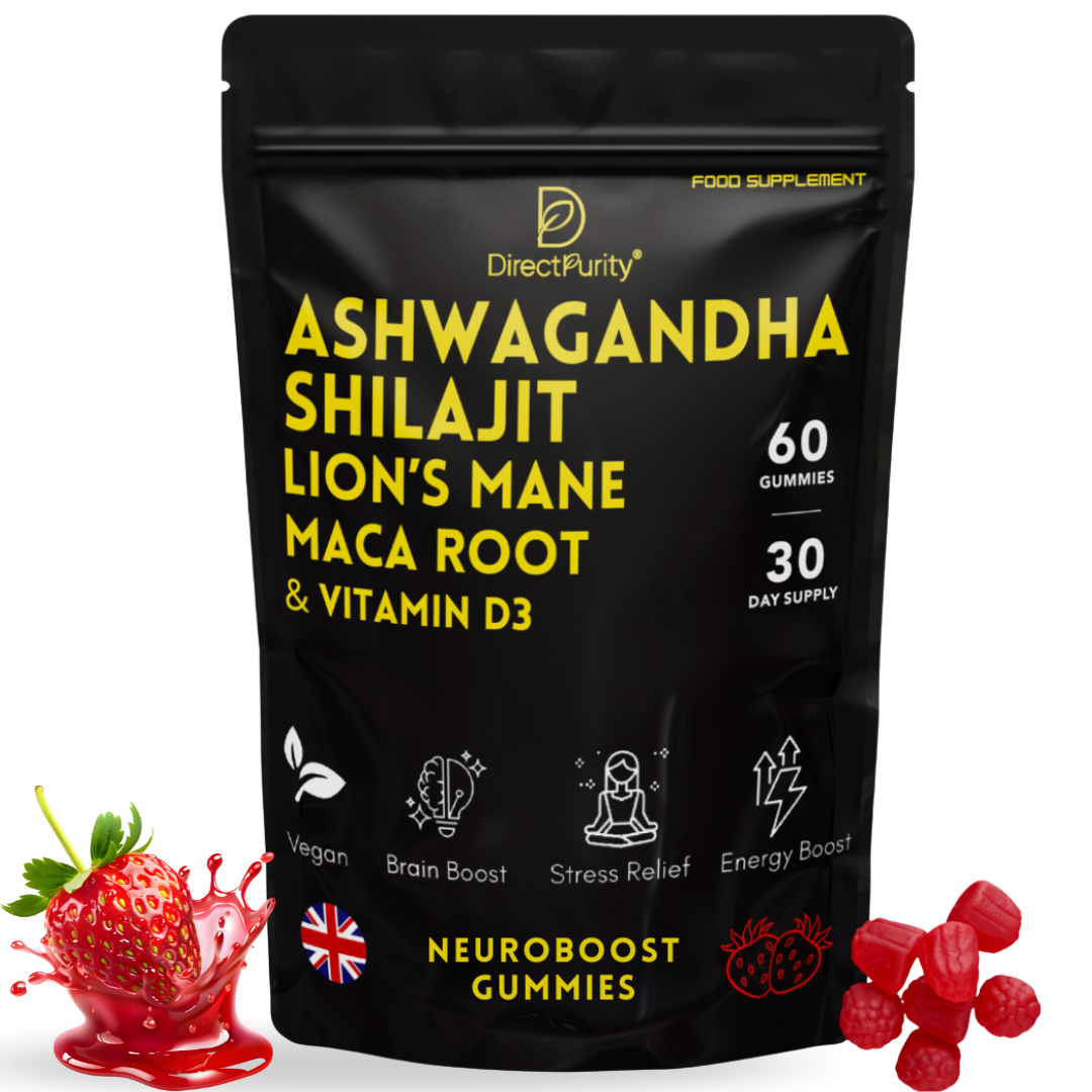 NueroBoost™ 5‑in‑1 Wellness Gummies – Ashwagandha 500 mg, Shilajit 600 mg, Lion’s Mane 600 mg, Maca Root 100 mg & Vitamin D3 20 mg – 60 Count – Stress, Focus, Energy & Immune Support