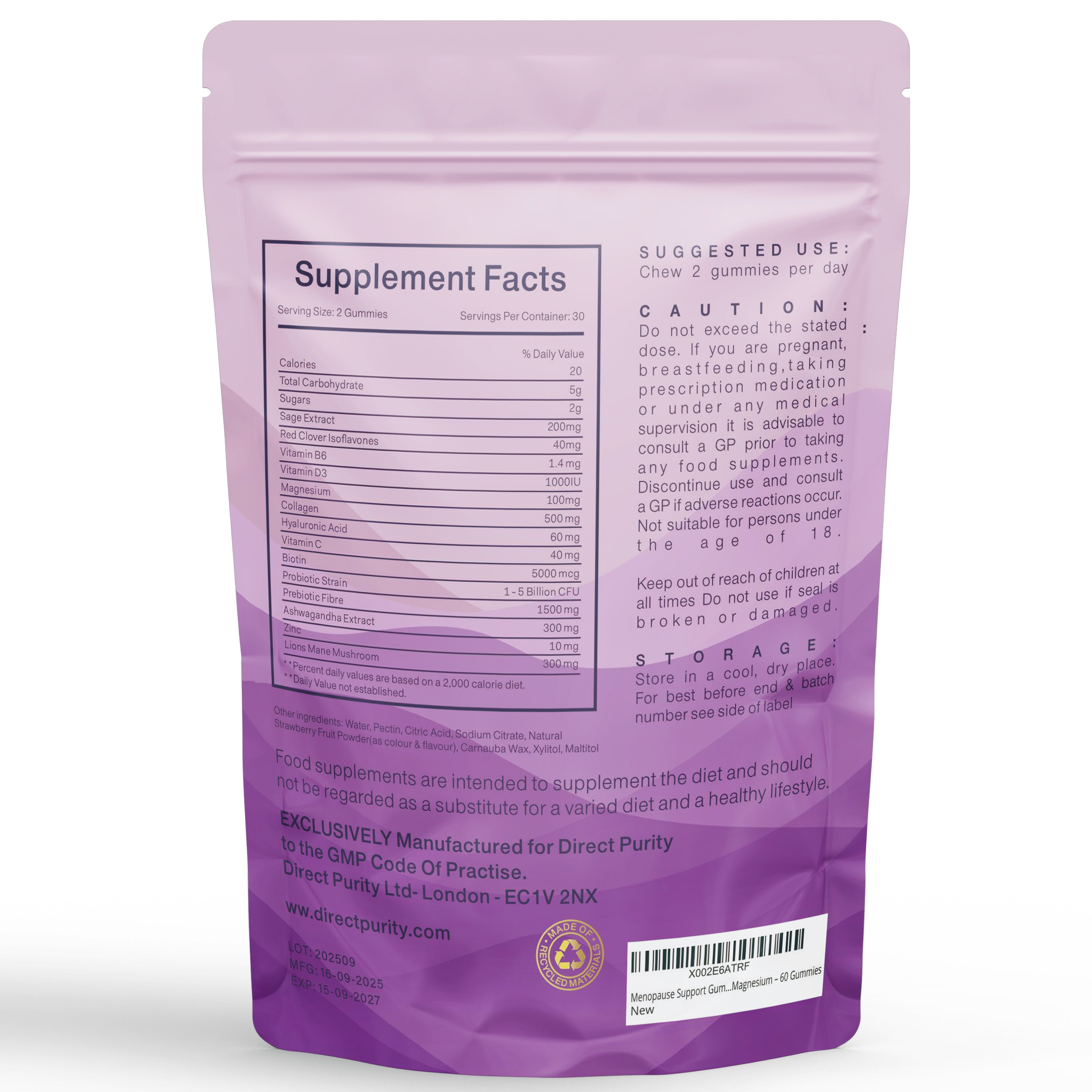 Menopause Support Gummies with Collagen & Probiotics – Sage, Red Clover, Ashwagandha, Lions Mane, Biotin & Hyaluronic Acid – Vitamin B6, D3, C, Zinc & Magnesium – 60 Gummies