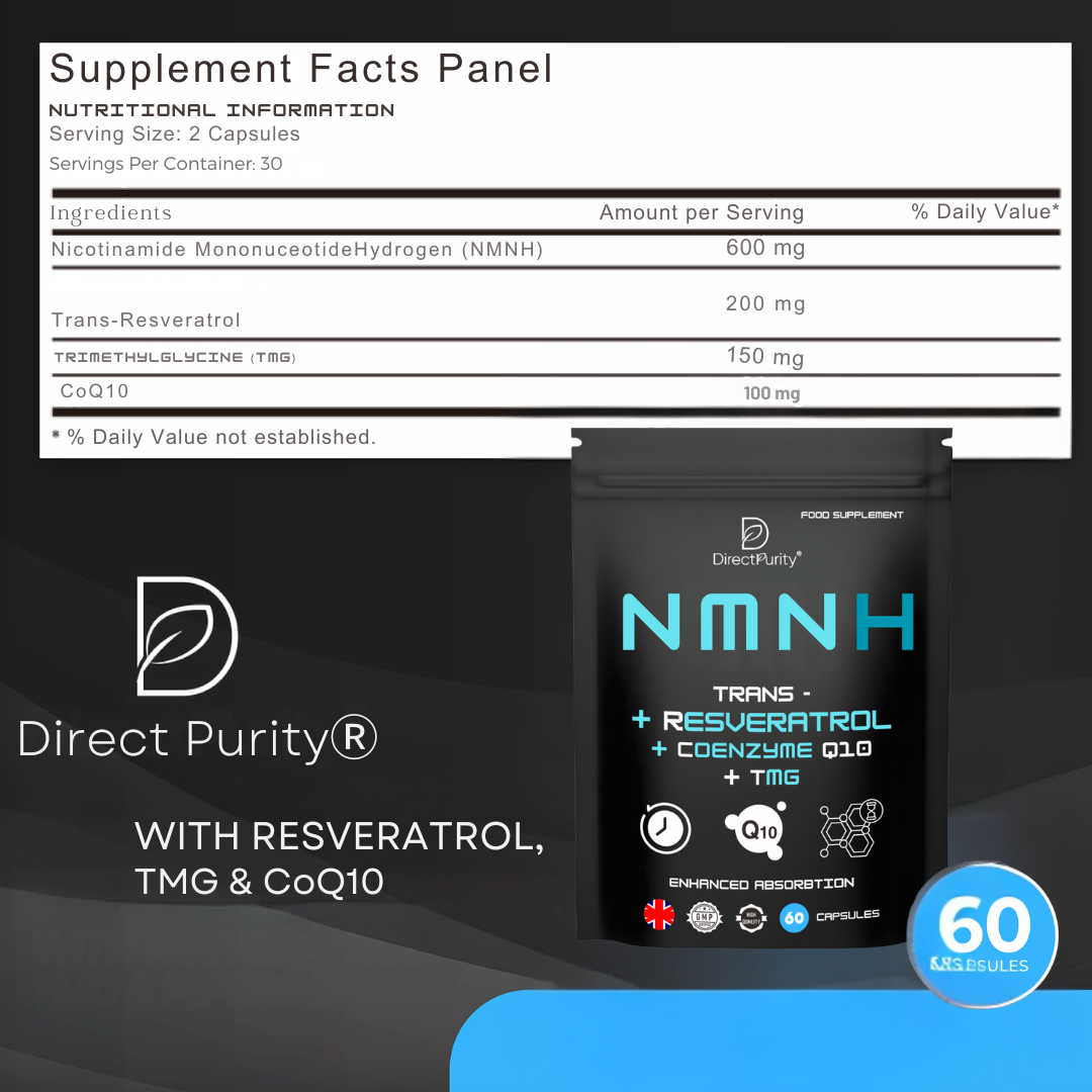 NMNH Supplement 600 mg, with Trans Resveratrol, CoQ10 and TMG, NMNH and resveratrol Supplements May Support Cellular Health and Healthy Aging. Boost Vitality and Combat Aging.