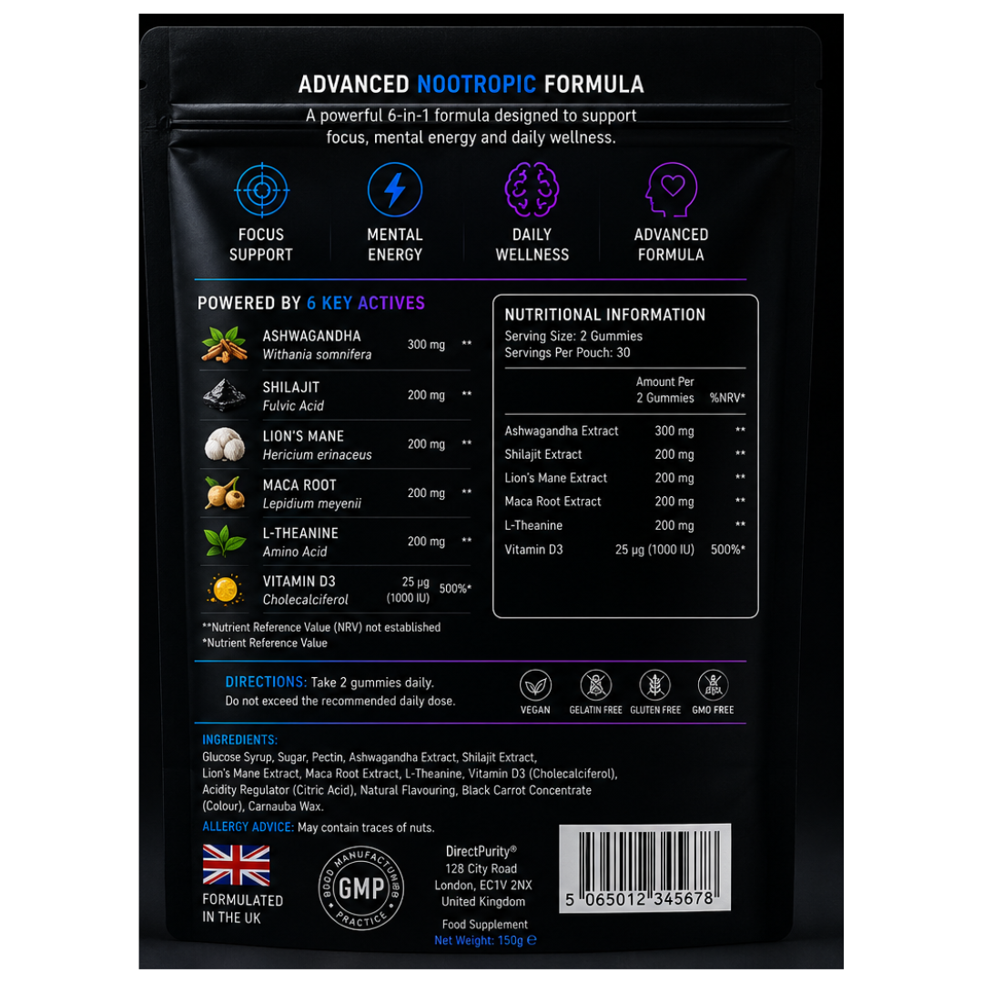 NueroBoost™ 5‑in‑1 Wellness Gummies – Ashwagandha 500 mg, Shilajit 600 mg, Lion’s Mane 600 mg, Maca Root 100 mg & Vitamin D3 20 mg – 60 Count – Stress, Focus, Energy & Immune Support