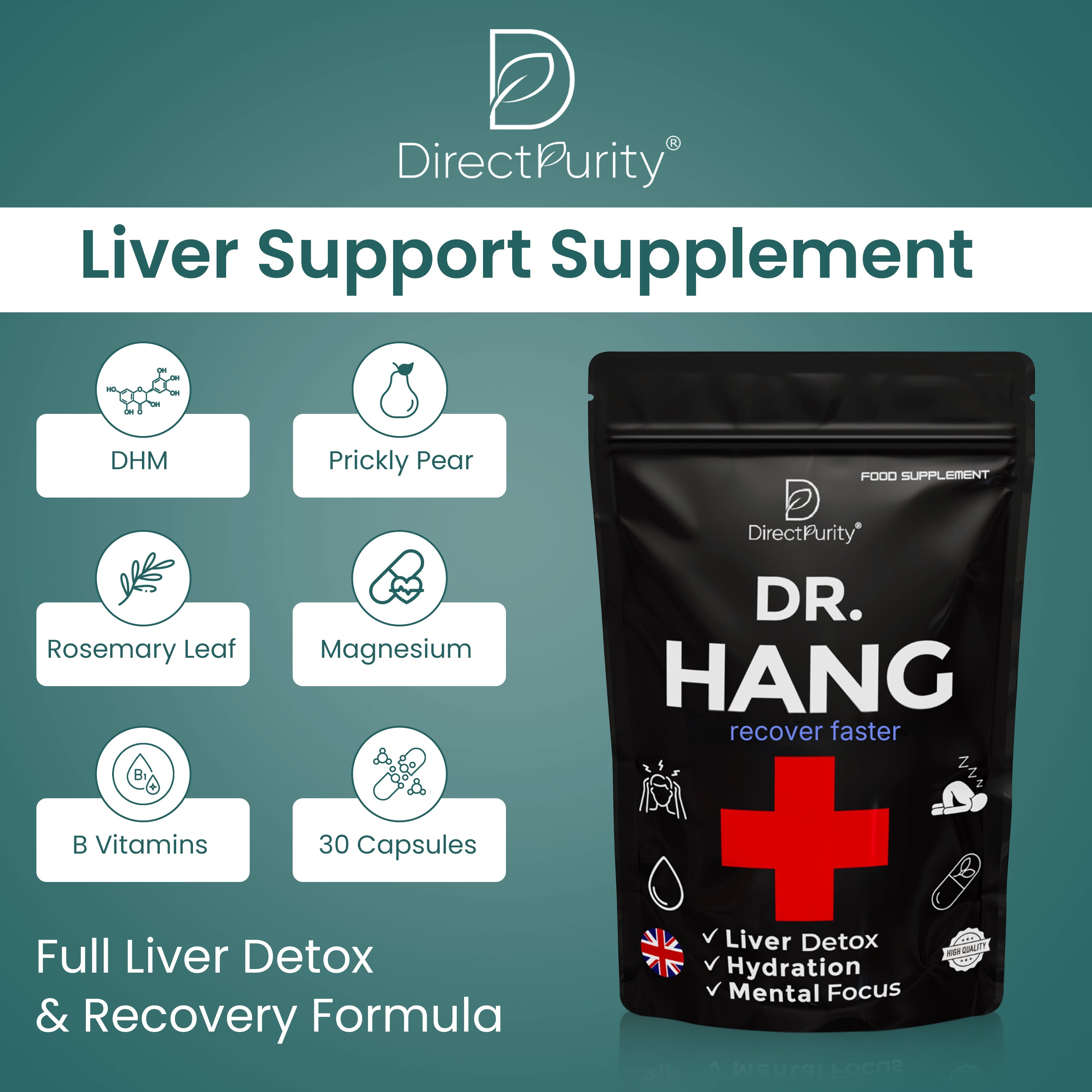 Dr Hang - Liver Support Supplement – DHM, Rosemary Leaf, prickly Pear ,Magnesium & B Vitamins – 30 Capsules – Full Liver Detox & Recovery Formula