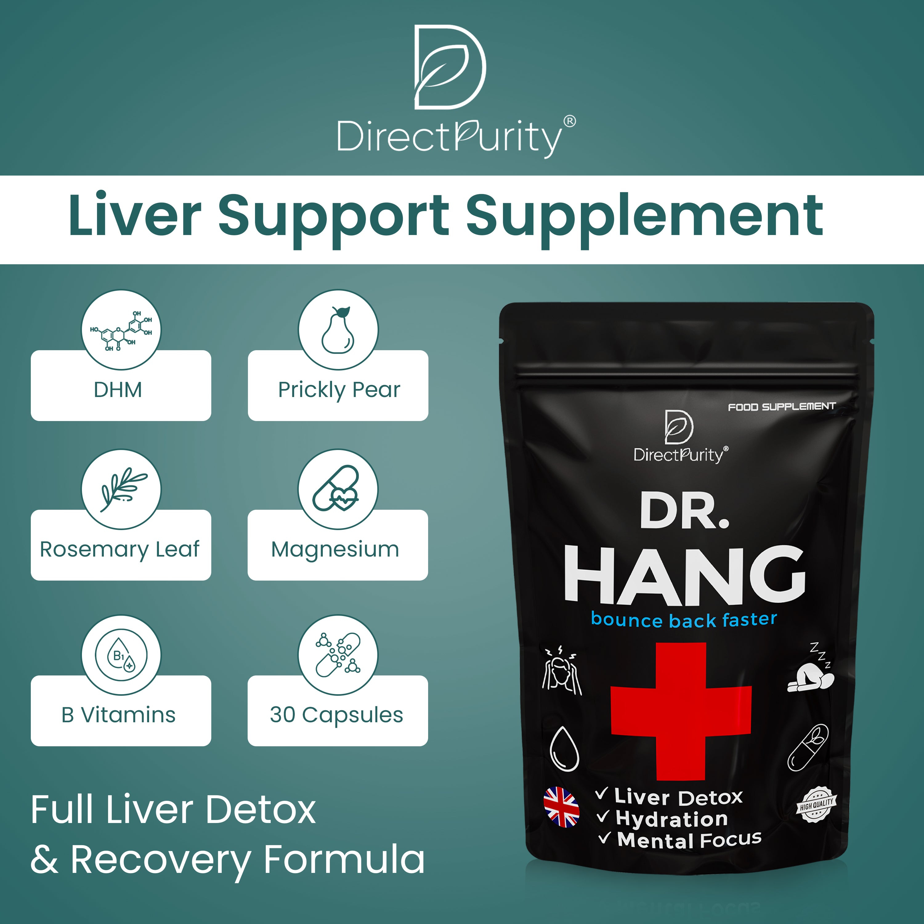 Dr Hang - Liver Support Supplement – DHM, Rosemary Leaf, prickly Pear ,Magnesium & B Vitamins – 30 Capsules – Full Liver Detox & Recovery Formula