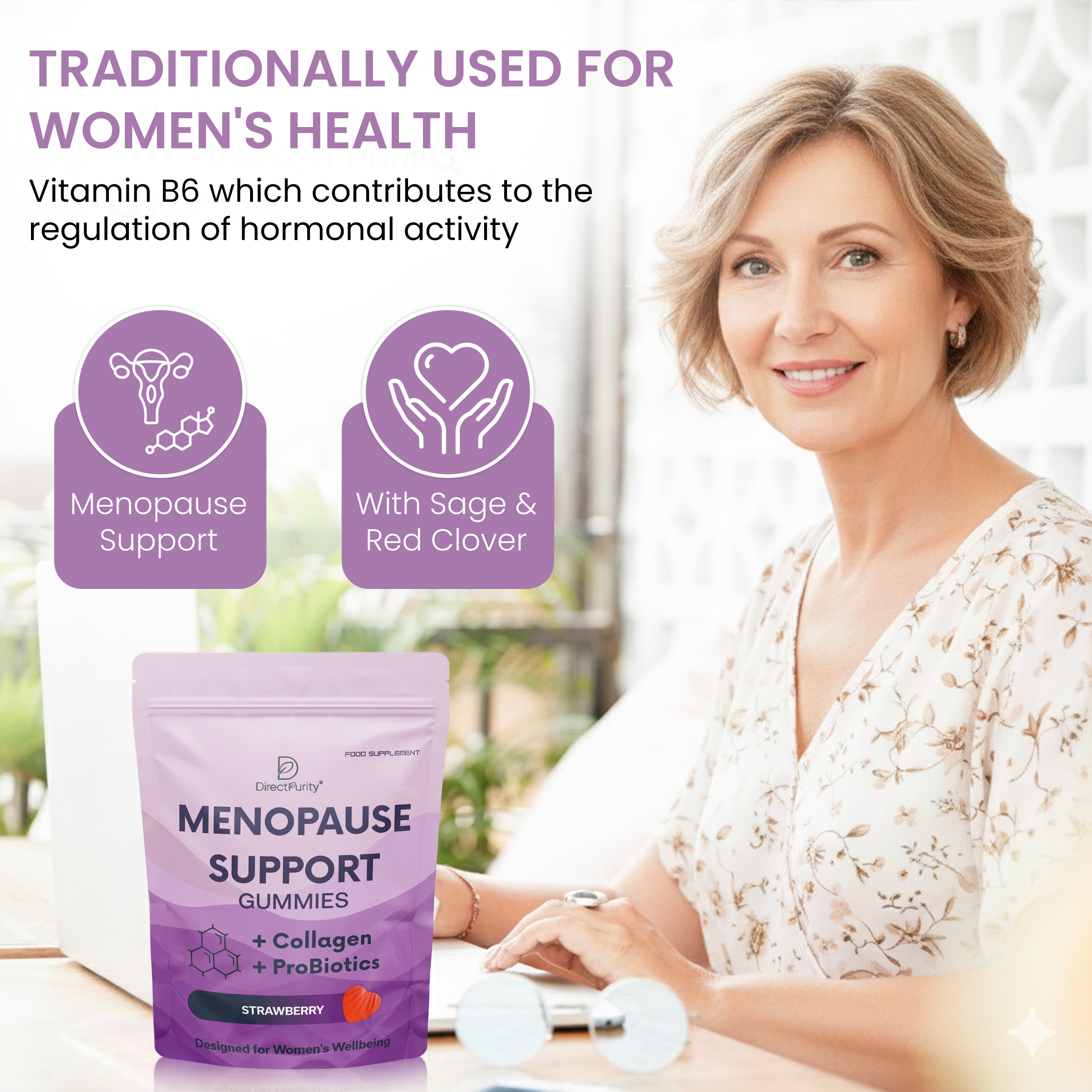 Menopause Support Gummies with Collagen & Probiotics – Sage, Red Clover, Ashwagandha, Lions Mane, Biotin & Hyaluronic Acid – Vitamin B6, D3, C, Zinc & Magnesium – 60 Gummies