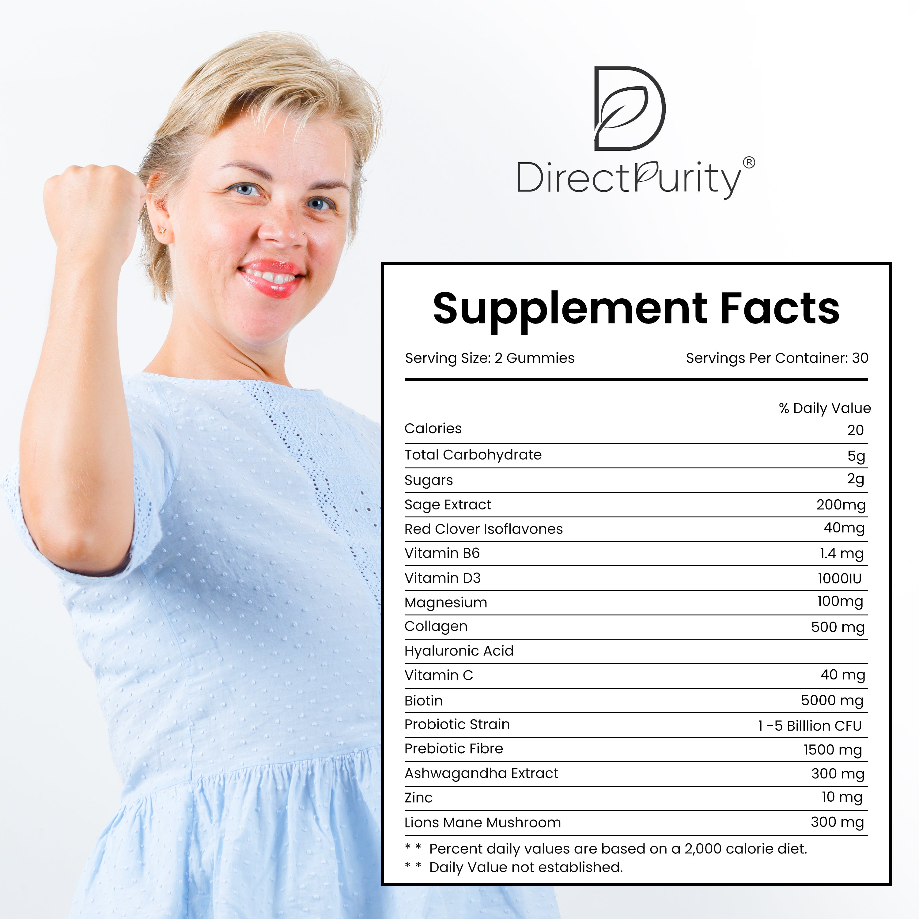 Menopause Support Gummies with Collagen & Probiotics – Sage, Red Clover, Ashwagandha, Lions Mane, Biotin & Hyaluronic Acid – Vitamin B6, D3, C, Zinc & Magnesium – 60 Gummies