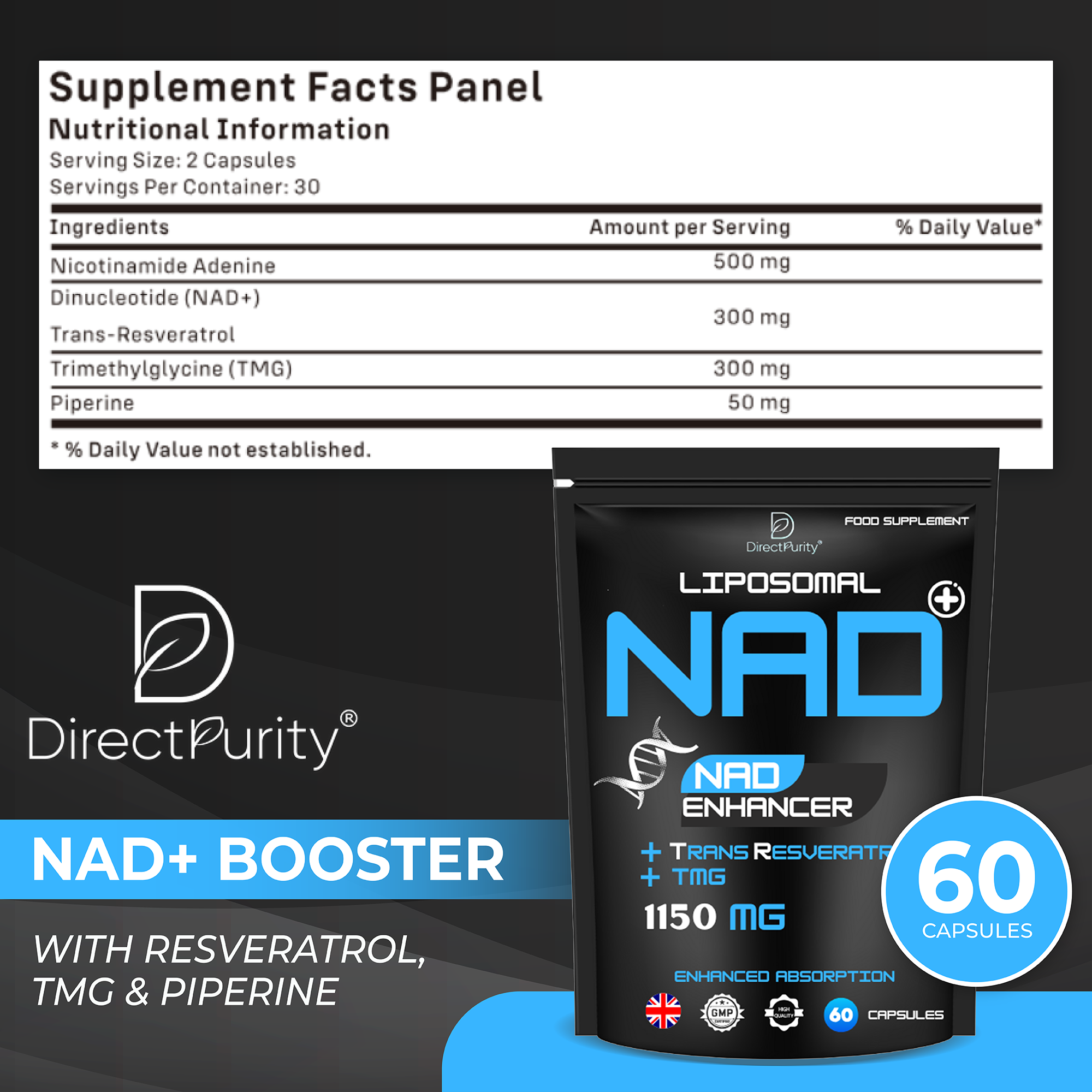 NAD Supplement 1150 mg, with Trans Resveratrol, Liposomal and TMG,NAD and resveratrol