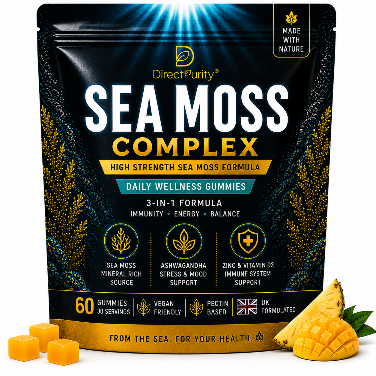 Sea Moss Gummies Complex 3000mg – with Ashwagandha, Zinc & Vitamin D3 – Daily Wellness, Energy & Immune Support – Vegan, Pectin Based – 60 Gummies (30 Servings)