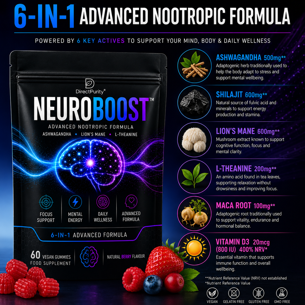 NueroBoost™ 5‑in‑1 Wellness Gummies – Ashwagandha 500 mg, Shilajit 600 mg, Lion’s Mane 600 mg, Maca Root 100 mg & Vitamin D3 20 mg – 60 Count – Stress, Focus, Energy & Immune Support