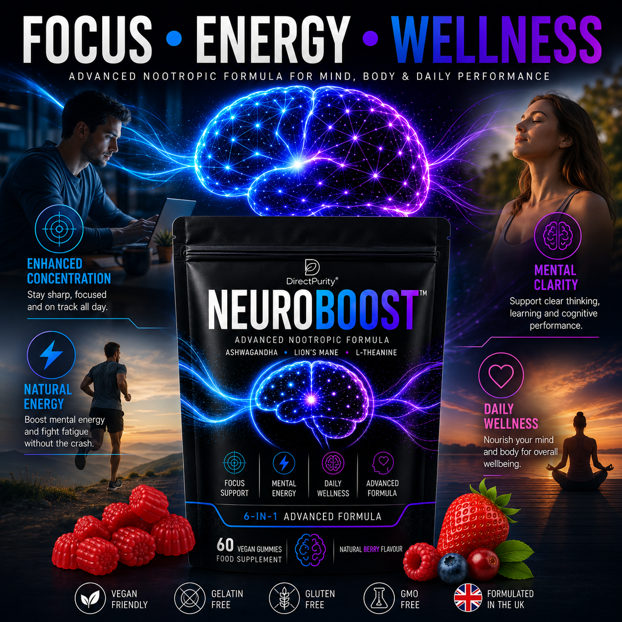 NueroBoost™ 5‑in‑1 Wellness Gummies – Ashwagandha 500 mg, Shilajit 600 mg, Lion’s Mane 600 mg, Maca Root 100 mg & Vitamin D3 20 mg – 60 Count – Stress, Focus, Energy & Immune Support