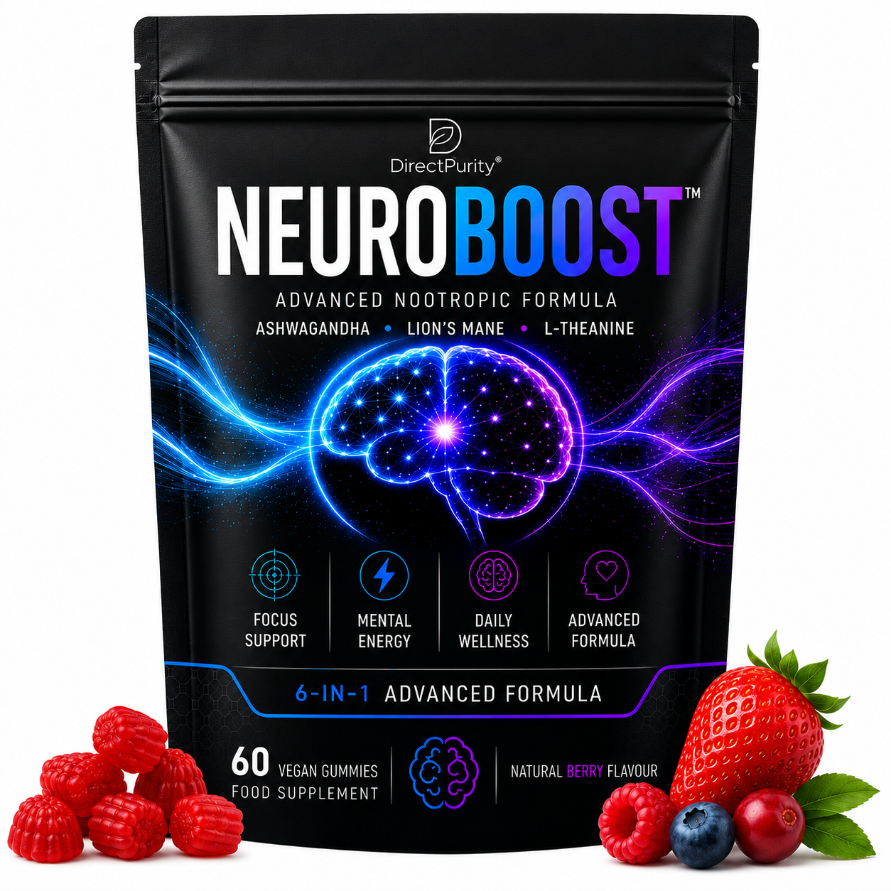 NueroBoost™ 5‑in‑1 Wellness Gummies – Ashwagandha 500 mg, Shilajit 600 mg, Lion’s Mane 600 mg, Maca Root 100 mg & Vitamin D3 20 mg – 60 Count – Stress, Focus, Energy & Immune Support