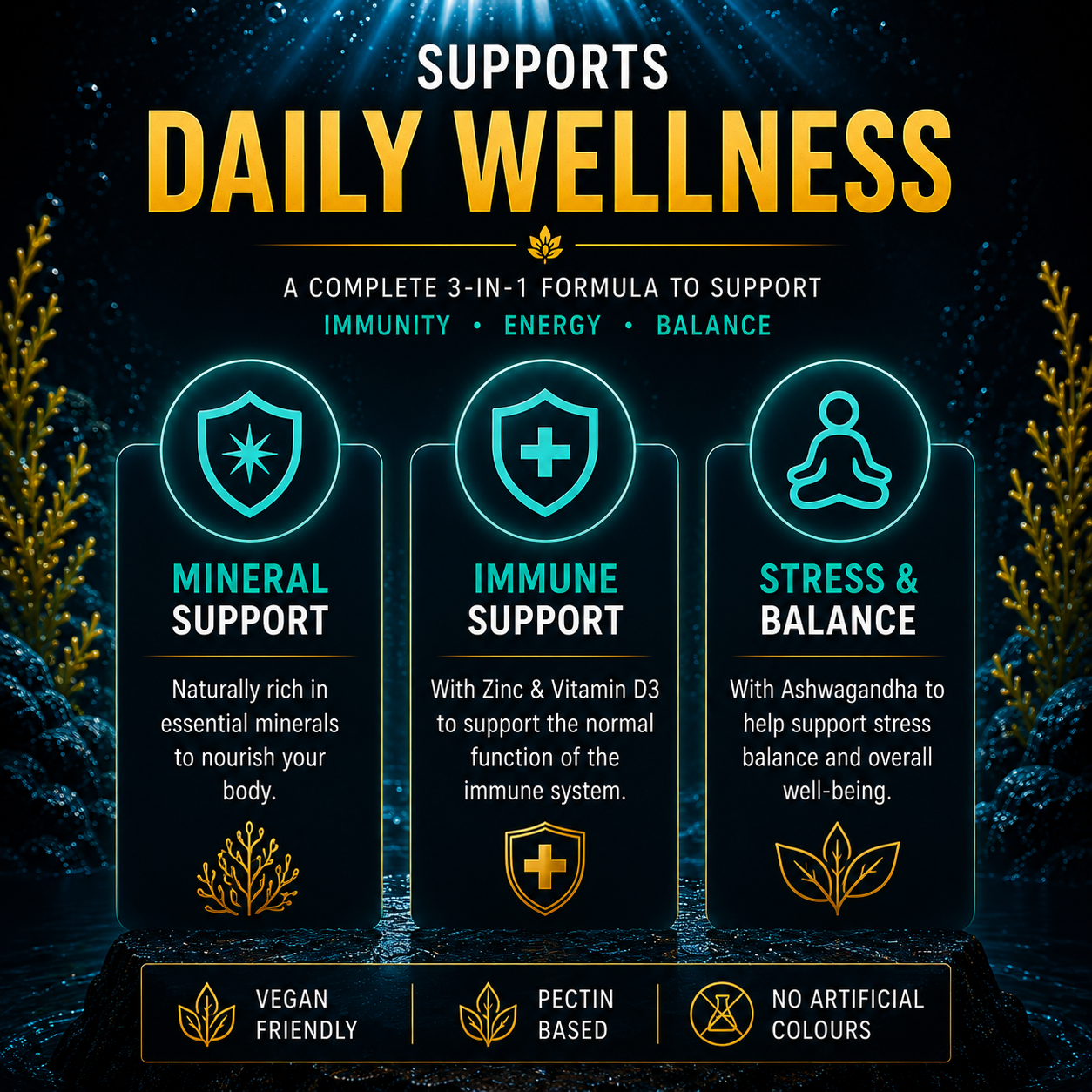 Sea Moss Gummies Complex 3000mg – with Ashwagandha, Zinc & Vitamin D3 – Daily Wellness, Energy & Immune Support – Vegan, Pectin Based – 60 Gummies (30 Servings)