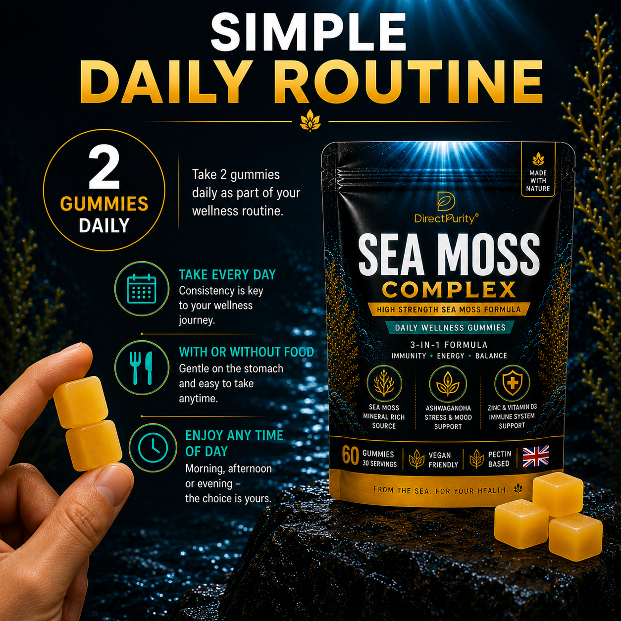 Sea Moss Gummies Complex 3000mg – with Ashwagandha, Zinc & Vitamin D3 – Daily Wellness, Energy & Immune Support – Vegan, Pectin Based – 60 Gummies (30 Servings)