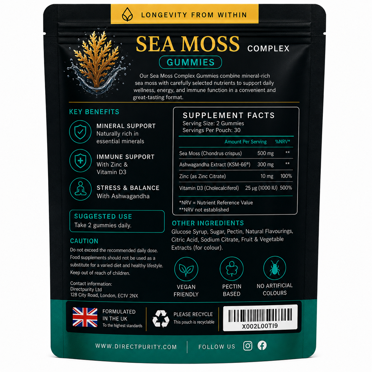 Sea Moss Gummies Complex 3000mg – with Ashwagandha, Zinc & Vitamin D3 – Daily Wellness, Energy & Immune Support – Vegan, Pectin Based – 60 Gummies (30 Servings)