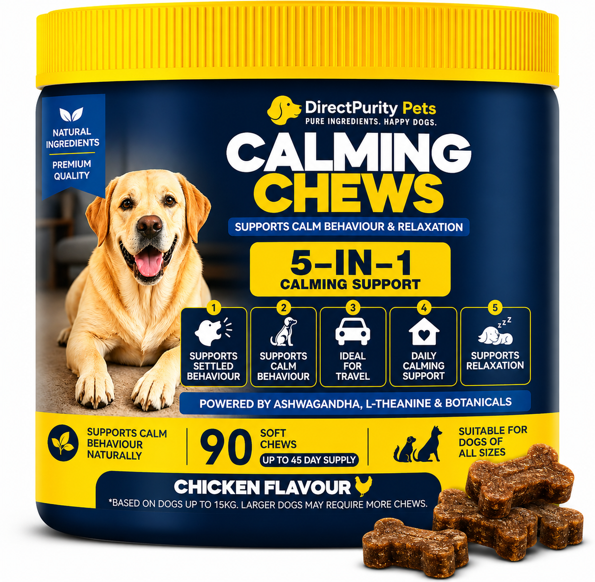 DirectPurity Dog Calming Chews – Soft Chicken Treats with Chamomile, L-Tryptophan & Lemon Balm – Daily Support for Stress, Travel, Fireworks & Separation Anxiety – 90 Chews