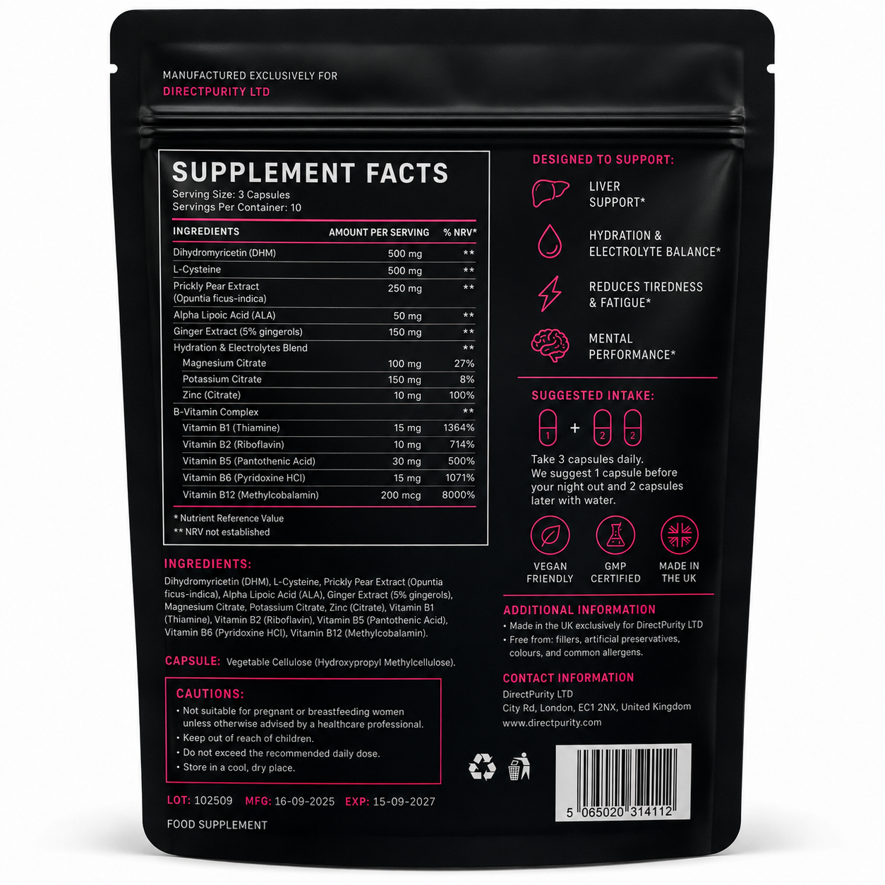 Dr Hang - Liver Support Supplement – DHM, Rosemary Leaf, prickly Pear ,Magnesium & B Vitamins – 30 Capsules – Full Liver Detox & Recovery Formula