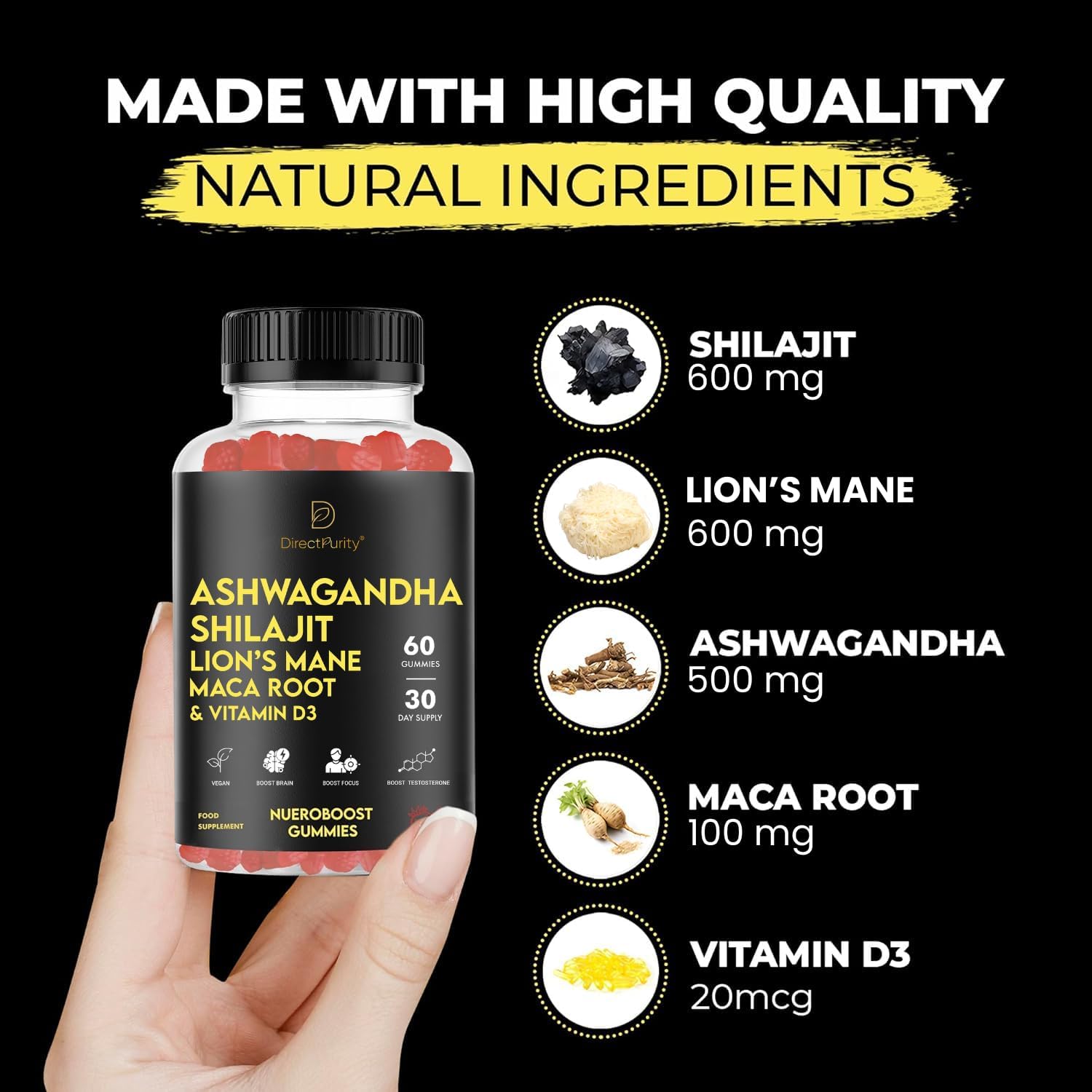 NueroBoost™ 5‑in‑1 Wellness Gummies – Ashwagandha 500 mg, Shilajit 600 mg, Lion’s Mane 600 mg, Maca Root 100 mg & Vitamin D3 20 mg – 60 Count – Stress, Focus, Energy & Immune Support