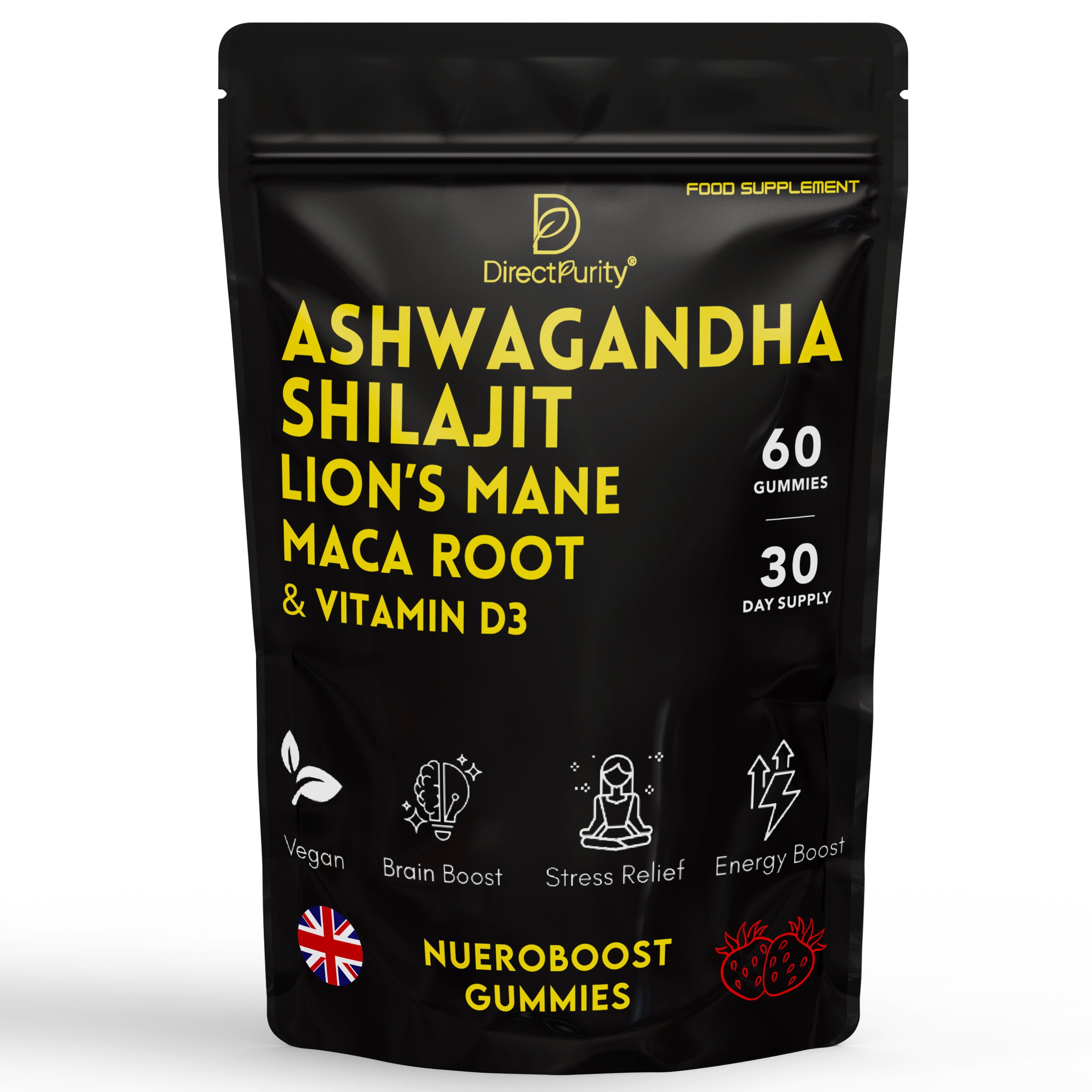 NueroBoost™ 5‑in‑1 Wellness Gummies – Ashwagandha 500 mg, Shilajit 600 mg, Lion’s Mane 600 mg, Maca Root 100 mg & Vitamin D3 20 mg – 60 Count – Stress, Focus, Energy & Immune Support