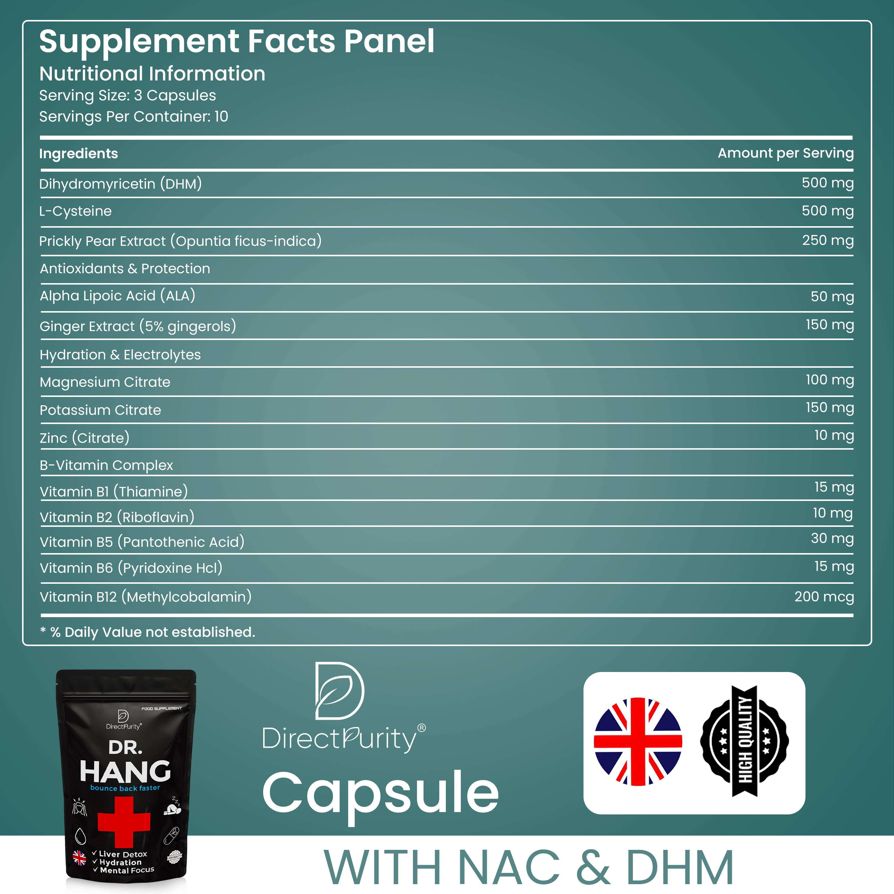 Dr Hang - Liver Support Supplement – DHM, Rosemary Leaf, prickly Pear ,Magnesium & B Vitamins – 30 Capsules – Full Liver Detox & Recovery Formula