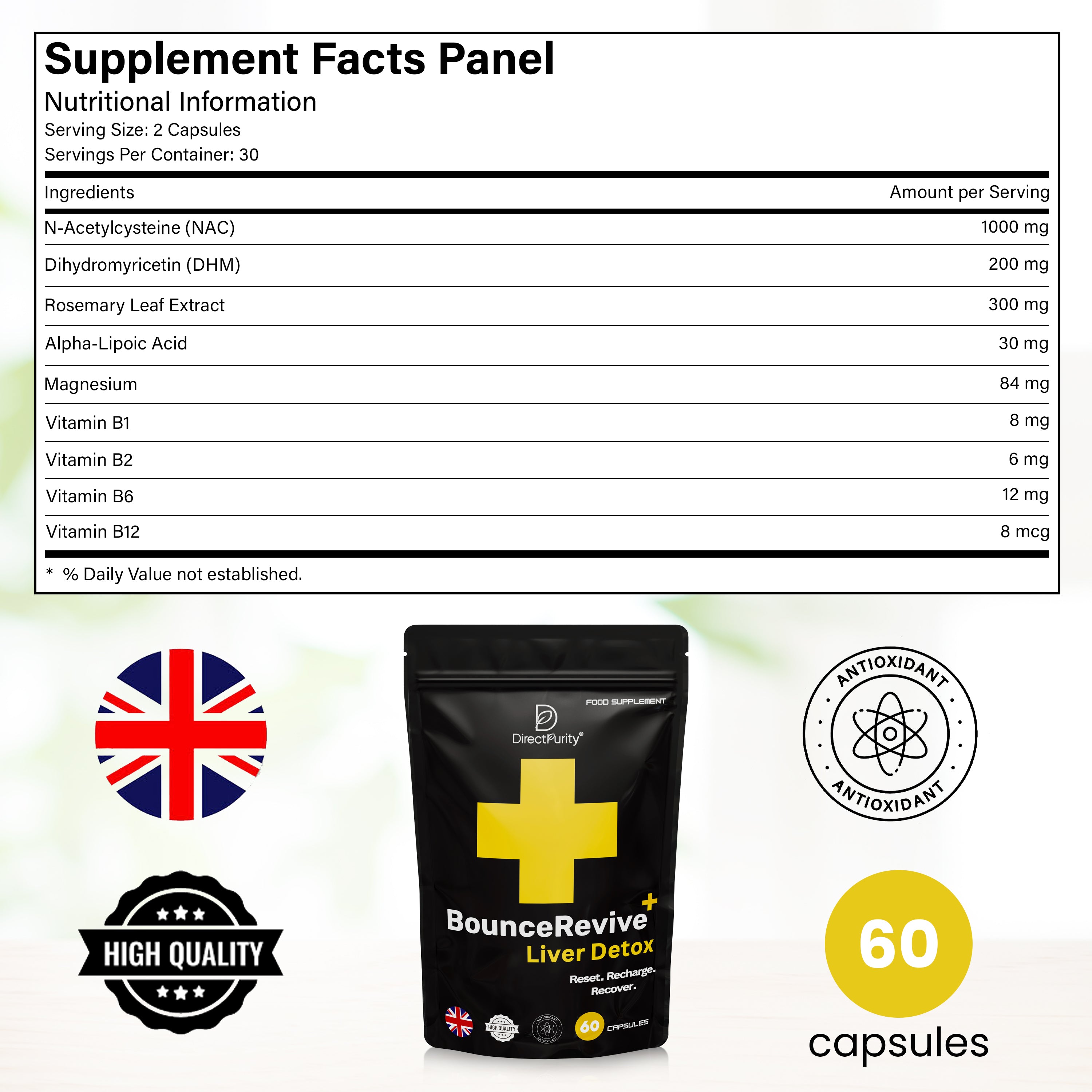 BounceRevive+ Liver Detox & Support – NAC, DHM, Rosemary Extract, Magnesium, B Complex – 60 Capsules – Natural Cleanse, Repair & Recovery Formula for Daily Wellness .