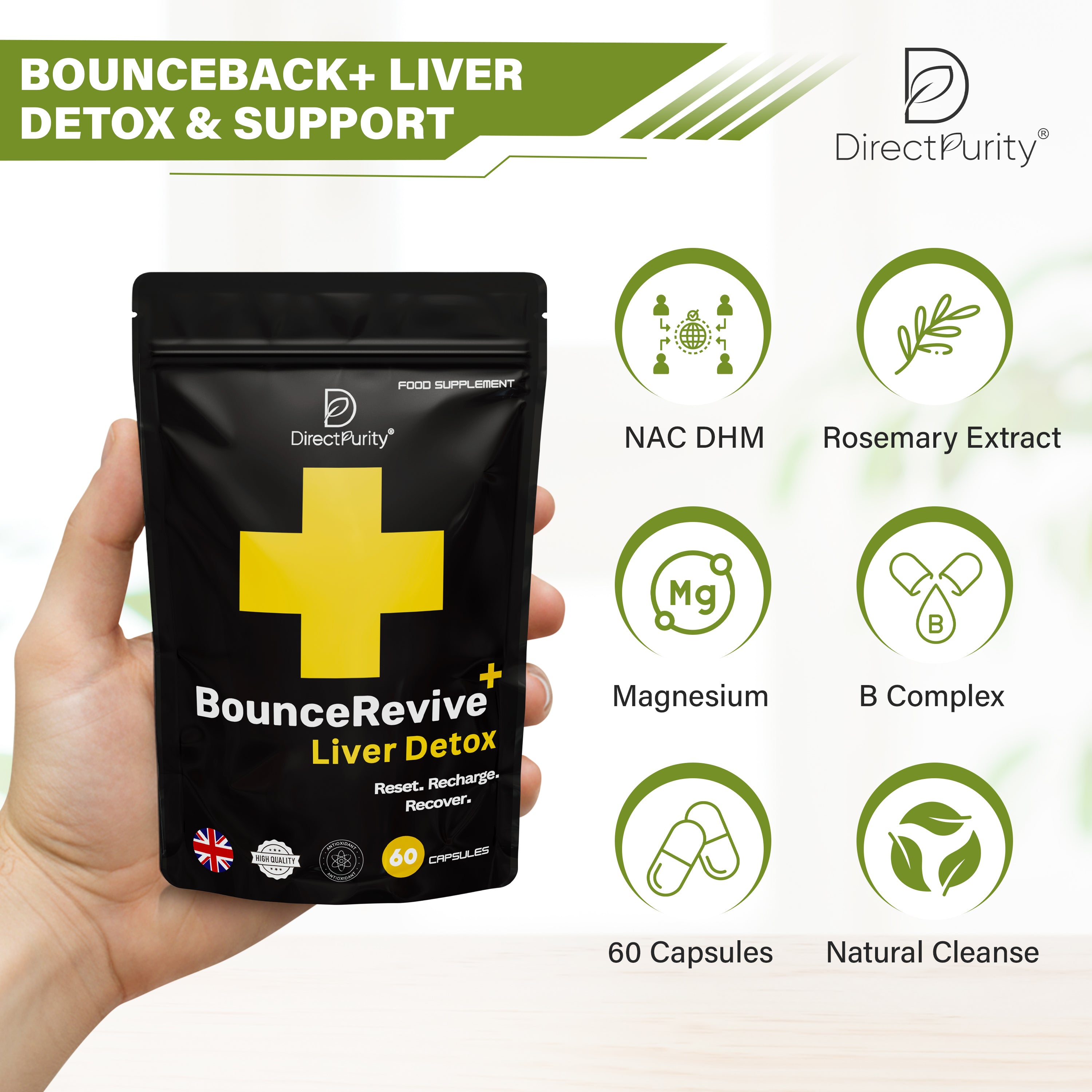 BounceRevive+ Liver Detox & Support – NAC, DHM, Rosemary Extract, Magnesium, B Complex – 60 Capsules – Natural Cleanse, Repair & Recovery Formula for Daily Wellness .