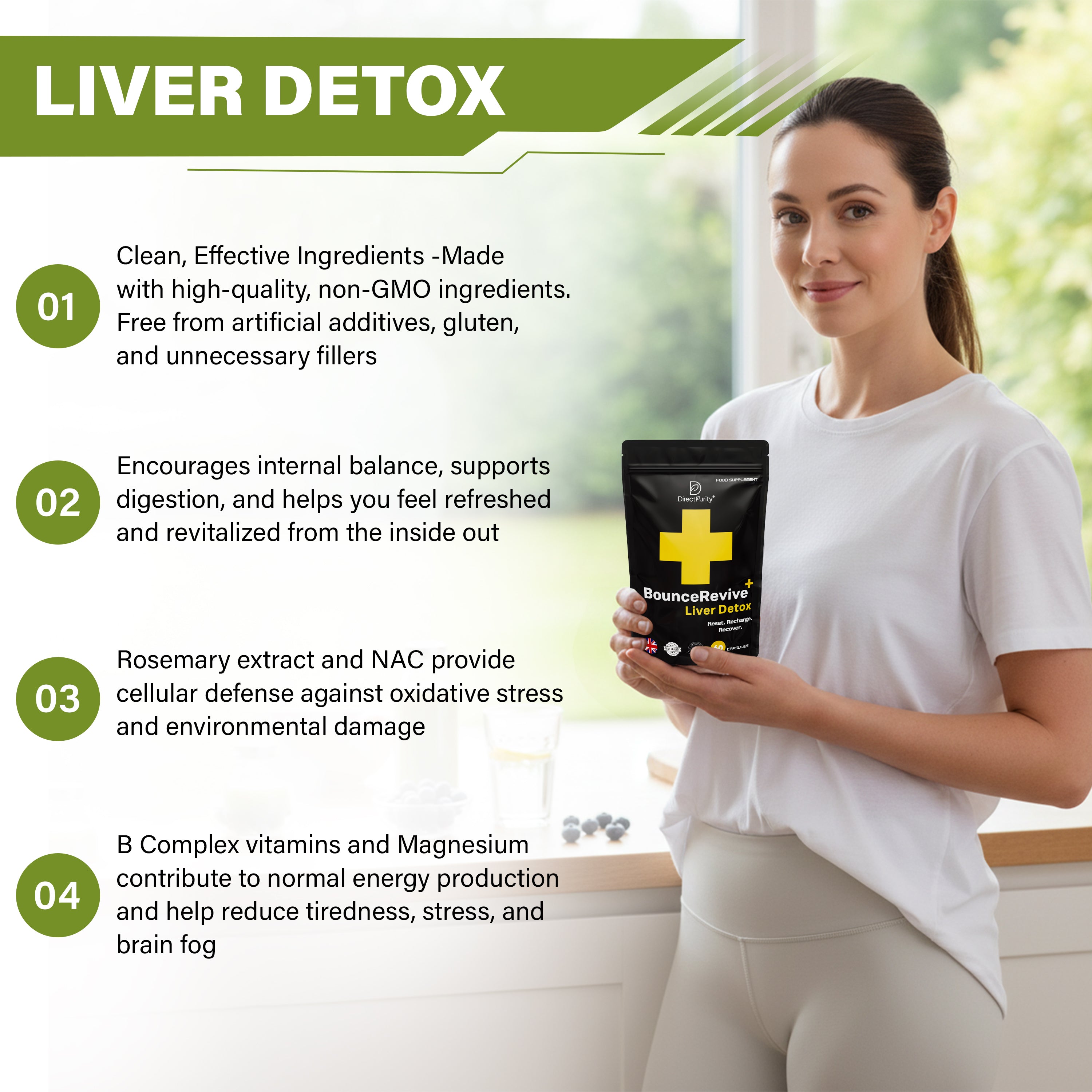 BounceRevive+ Liver Detox & Support – NAC, DHM, Rosemary Extract, Magnesium, B Complex – 60 Capsules – Natural Cleanse, Repair & Recovery Formula for Daily Wellness .